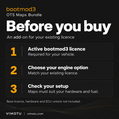 bootmod3 OTS Maps Bundle prerequisites: an active vehicle licence, matching engine option, and suitable hardware and fuel