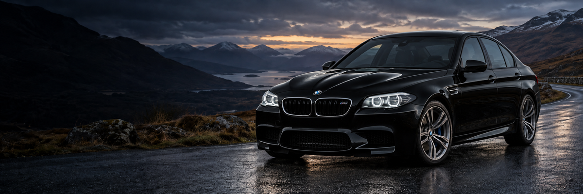 Black BMW M5 F10 on a mountain road at dusk — VIMOTU.