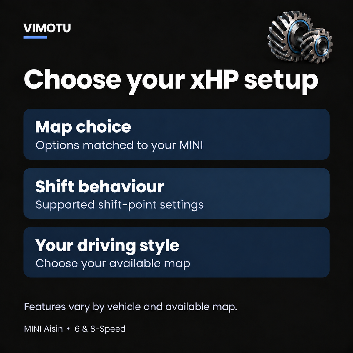 MINI Aisin xHP map choice and supported shift-point settings, matched to the individual vehicle